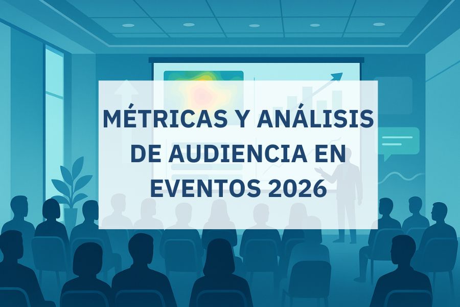 Evento con visualización de métricas en eventos 2026 y gráficos superpuestos sin mostrar rostros